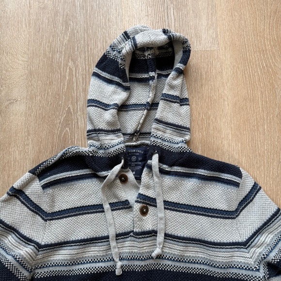 American Eagle Mens Medium Blue and Grey Striped Knit Hoodie - Picture 3 of 5